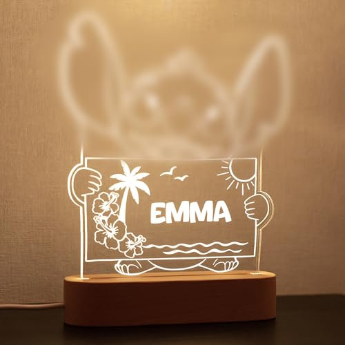 StarMaker Lampe Stitch personnalisée avec prénom - Cadeau personnalisable enfant Veilleuse Stitch décoration lumineuse LED lampe effet 3D, socle en bois et acrylique gravé (Blanc chaud)