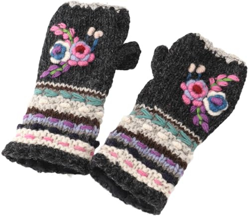 Handstulpen aus Wolle mit Blume, handgestrickte Pulswärmer | Handgestrickt in Nepal, weiches Fleece-Futter, Länge ca. 22 cm, modisches Accessoire für kalte Tage.