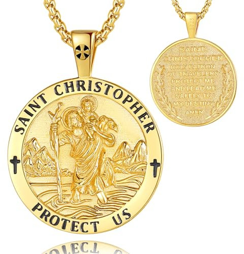 EUDORA Harmony Ball Kette Heilige Christophorus Medaille für Damen Herren 18K Vergoldetes Sterling Silber, Hl. Christophorus der Christusträger Halskette Anhänger Schmuck Geschenk für Frauen, 22