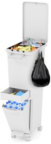 COSTWAY 30L Cubo de Basura Multifuncional, 3 en 1 Contenedor de Basura de Cocina con Cubo Inferior Inclinable, Cajón Central, 2 Compartimentos Superiores, Cubo de Basura con Pedal para Cocina, Comedor