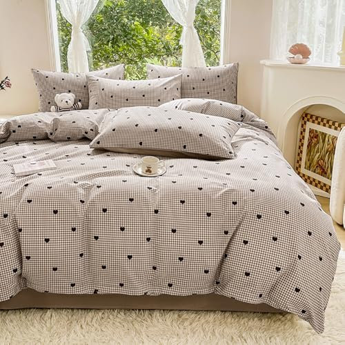 Covebett Bettwäsche 155x220 Kariert Khaki Braun mit Herz Herzen Muster Mädchen Bettbezug 2teilig Aesthetic Modern Karo Herzmuster Microfaser Deckenbezug mit Reißverschluss und Kissenbezug 80x80cm