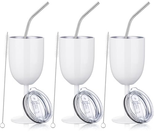 Geiserailie 3 Pieces 10 oz Wine Tumbler Set with Lid Straw, White