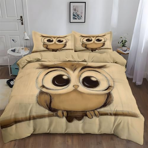 Generisch Bettwäsche-Sets 135 x 200 cmSüße Eule mit großen Augen, Bettbezug mit 2 Kissenbezügen, Print, Dunkelgelb Kinder Teenager Erwachsene Geschenk Polyester-Bettbezug