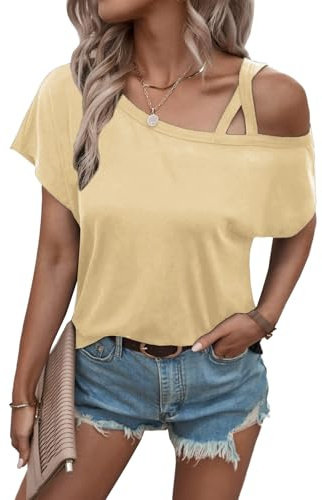 Rayson Camisetas para Mujer Color Sólido Basicas Casual T-Shirt Verano de Manga Corta Un Hombro Halter Top Cuello Redondo Pullover Blusa Playeras Beige L