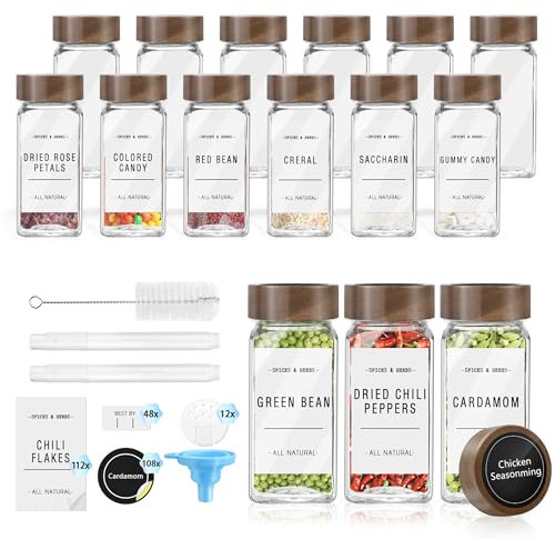 ZEHIQ Lot de 12 pots à épices carrés, couvercle en bois d'acacia, 120 ml, avec 268 étiquettes, rangement des épices pour le tiroir de cuisine, avec entonnoir, brosse de nettoyage, stylo