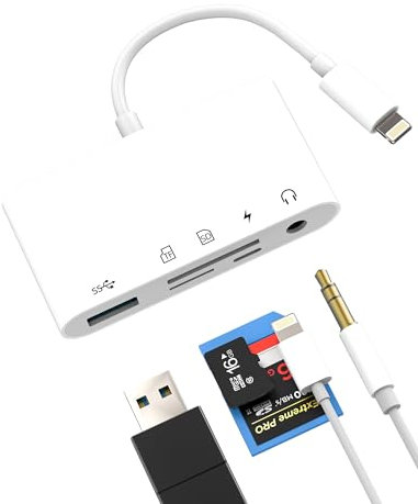 Adattatore da Lightning a USB (5 in 1) per iPhone 14 13 Pro Max SD lettore di schede 3,5 mm, jack TF Card Reader Micro SD OTG 3.0 per Apple MFi Certified per iPad Camera AUX Audio