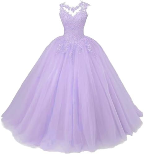 Zorayi Abito da donna elegante in pizzo tulle, abito da sera lungo da ballo, abito da sposa, lilla., 44