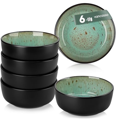 Bowl Schüssel Set 6 Personen, vancasso AMBER Müslischalen aus Steingut, Schalen Set 840ml, Dessertschale für Salat Suppen, Kleine Schüssel Ø 16 cm, Mikrowellenfest und Spülmaschinenfest, Smaragdgrün