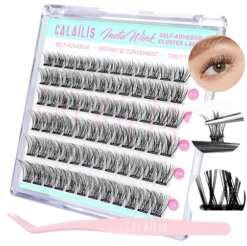 CALAILIS Pre Glued Cluster Lashes Self Adhesive Eyelashes No Glue Needed 72Pcs D Curl Reusable Pre Glued Eyelashes Wispy Cluster Lashes Kit with Tweezers for Beginners (ZBP08)