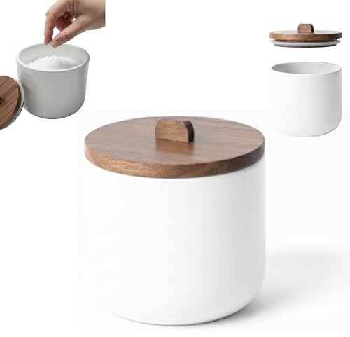 Salero de Cocina Hermético con Tapa de Madera de Acacia, 11.5x12 cm, Blanco | Serie CURVE, tarro multiusos para sal, azúcar o especias, especiero, saleros de diseño nórdico