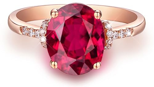 Homxi Verlobungsringe Rosegold Damenring 750, 4 Zinken Oval mit Erstellter Rubin 3 Karat und Moissanit, Damen Ringe Eheringe Verlobung Rosegold Gr. 48 (15.3)