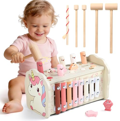 Montessori Toys for 1 Year Old Girls Gifts, Wooden Hammering Pounding Toys | Baby Toys With Xylophone & Magnetic Fishing Game & Whack a Mole, Educational 1st Birthday Gifts for 1 2 3 Year Old Girls Boys