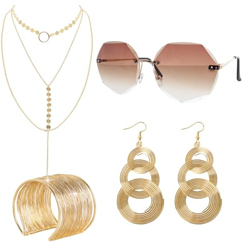 LQTSLFM 70er Disco Accessoires Damen, Disco Outfit Zubehör Glitzer, mit Baumelnde Ohrringe Halskette Armreif Armbänder Diamantbrille für Damen Karneval Party Kostüm Zubehör