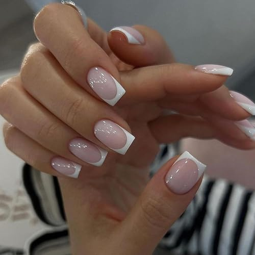 MouYouGlow Press on Nails Kurz,Square Rose Nude Pink Weiß French Babyboomer Fake Nails Full Cover Kunstnägel,Natürlich Eckig White Tip Acryl Künstliche Fingernägel für Frauen & Mädchen