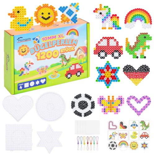 Homgaty 1200 Stück 10mm Bügelperlen Groß mit 4 Platten [Quadrat, Kreis, Stern, Herz], 12 Muster und Bügelpapier, 11 Farben XXL Maxi Steckperlen und Steckplatten Set für Kinder ab 3 Jahren