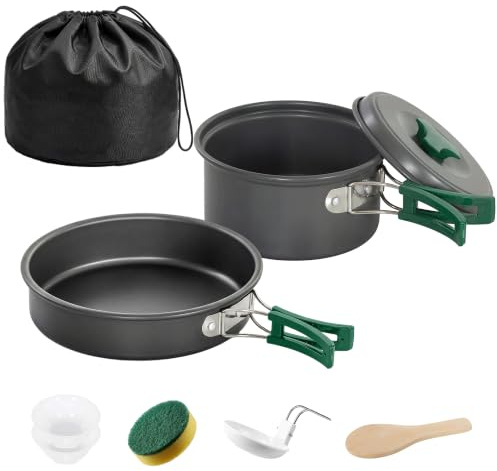 Outsunny Set di Pentole da Campeggio Ultraleggero Manici Anti-Scottatura | Pentole Kit per Campeggio Cucina, Riscaldamento Rapido, per 2 Persone, Zaino in Spalla, Picnic, Escursionismo