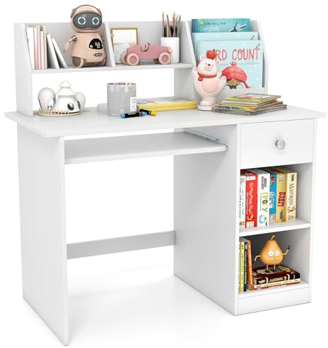 DREAMADE Schreibtisch Kinder, Kinderschreibtisch aus Holz mit Bücherregal & Schublade & Ablage & Tastaturablage, Jugendschreibtisch Schülerschreibtisch für Jungen und Mädchen, 90x45x90cm (Weiß)