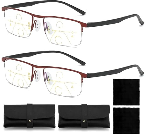2 Stück Intelligente Brille, Autofokus Presbyopie Brille, für Nah und Fern, Lesebrille mit Blaulichtfilter für Damen und Herren, Angenehm zu tragen, Geeignet für den Täglichen Gebrauch (Rot,+2.5）