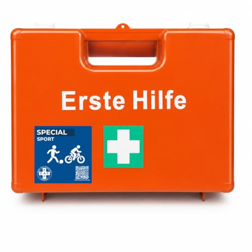 FAP Erste-Hilfe-Koffer Sport DIN 13157 gefüllt - Orange | Kühlspray, Kältekompresse & Beatmungstuch | Sportverein Fitnessstudio Sporthalle Training, Betriebsverbandkasten Wandhalterung - 33×42×15 cm