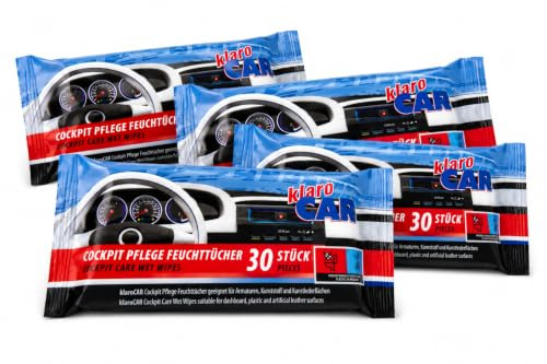 klaroCAR | 4er Pack Cockpit Pflege Feuchttücher | 120 Stück | für Armaturen, Kunststoff und Kunstleder | Für eine schonende, schnelle und gründliche Reinigung des Auto - Innenraums