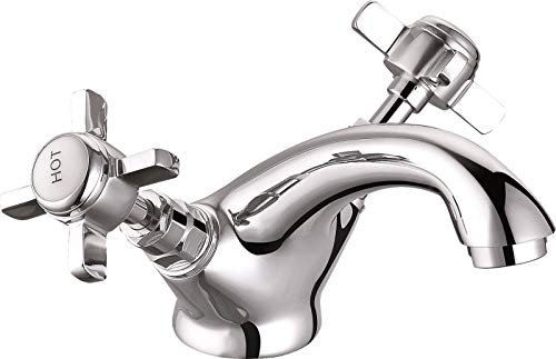 VeeBath Regency Traditional Mono Basin Mixer Waterfall Tap Bathroom Sink Washroom Basin Single Lever Brass Mixer Tap with Pop Up Waste- Chrome