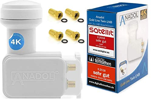 [ 2X Test SEHR GUT ] Anadol Twin LNB Digital 4K 0.1dB für 2 Teilnehmer Direkt Anschluss Dual 2fach LNC Full HD TV 4K + Kontakte vergoldet + Wetterschutz ausziehbar Set mit 4 vergoldeten F-Steckern