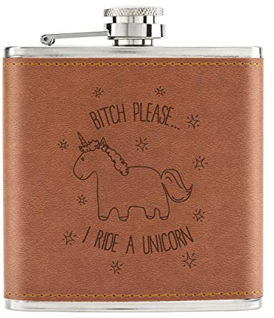 Lila Bitch Please I Ride ein Einhorn 6oz PU-Leder Flachmann hellbraun