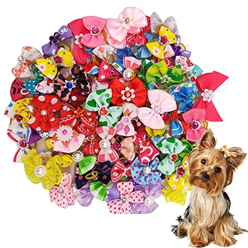 20 Stück Hunde Haarschmuck, Multicolor Strass Perlen Blumen Mit Gummibändern Welpen Haarschmuck Haarschleifen mit Gummibänder für kleine Hunde