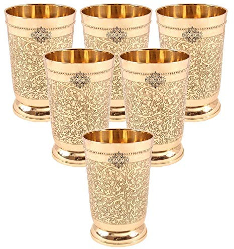 G Looks Brass Glass Tumbler, Embossed Design, 330 ML Each, Set of 6