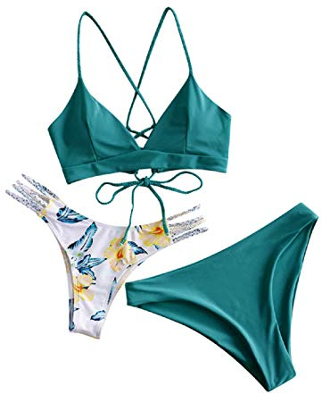 ZAFUL Damen Bikini-Set 3 Pieces mit Blumenmuster gepolstegrte Push-Up BH mit Flechtgurt Cami Triangel Cheeky Badeanzug Bademode (3-Grün,L)