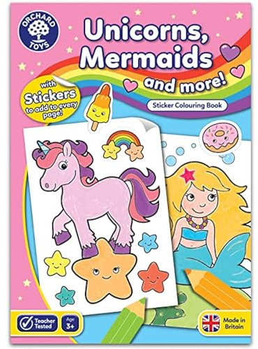 Orchard Toys Unicorns, Mermaids and More Colouring Book, Educational Colouring Book, Includes Stickers, For Kids Age 3+