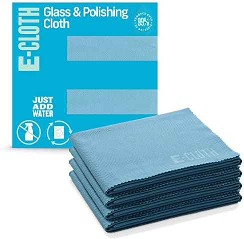 E-Cloth 4-Pack Glass & Polishing Cloth, Sustainable Microfibre Cleaning Cloth Set, Perfect Cleaner for Glass, Windows and Mirrors, Washable and Reusable, 100 Wash Promise, Alaskan Blue