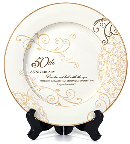 Urllinz Plato de 50 aniversario de boda, 50 aniversario de boda, regalo para parejas, 50 años de oro de boda, plato superior de porcelana de oro de 9 pulgadas para abuelos con soporte