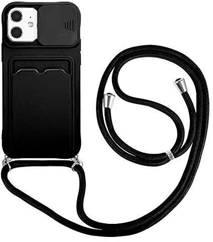 Crossbody Necklace Phone Cases Compatible with Apple iPhone 12 Mini Case Slide Camera Lens Protector Cover with Card Slort and Lanyard Cord Strap Soft Flexible TPU Bumper Shockproof Shell(Black)