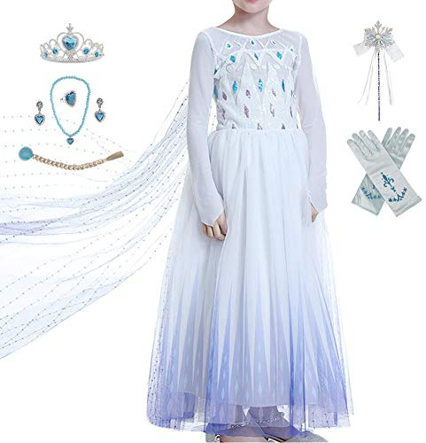 Timesun ELSA Mädchen Prinzessin Elsa Kleid Kostüm Karneval Cosplay Eisprinzessin Set aus Diadem, Handschuhe, Zauberstab, Perücke,Halskette,Ohrringe,Ringe,Handbag (Weiß, 120)