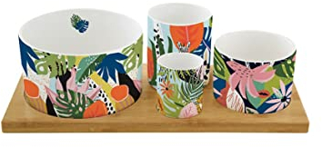 EASY LIFE Set Aperitif 4 Coupelles en Porcelaine sur Plateau Bambou Ambiance Tropicale R1468#VIBE