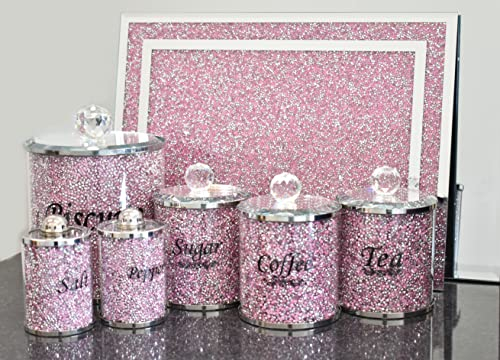 Deenz PINK CRUSHED DIAMOND SALT PEPPER CANISTERS JARS with CHOPPING BOARD BISCUIT JAR, TEA COFFEE SUGAR JARS KITCHEN SET