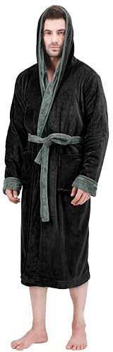 NY Threads Herren-Bademantel mit Kapuze, Fleece, lang, Wellness-Bademantel, Schwarz und Stahlgrau, XXL/3XL