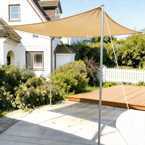 HAIKUS Voile d'ombrage Triangulaire 5x5x5 m, Toile Ombrage HDPE Respirant (185g/㎡), Filet dombrage Triangle 5x5x5m avec Protection UV pour Patio Jardin Terrasse Extérieur, Sable