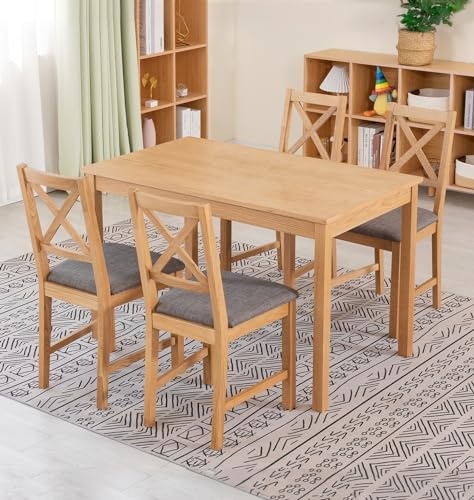 Hallowood Furniture Waverly Light Oak Small Dining Table and Chairs Set 4 | 120x70cm Rectangular Solid Oak Kitchen Table and Chairs with Cross Back and Grey Fabric Padded Seat, 4 Seater Dining Room Set