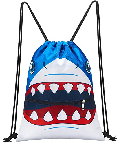 WAWSAM Rucksack mit Kordelzug für Kinder, 34 x 45 cm, Sporttasche, wasserdicht, Strand, Schwimmbad, Schule, mit Reißverschlusstasche, Shark A, M