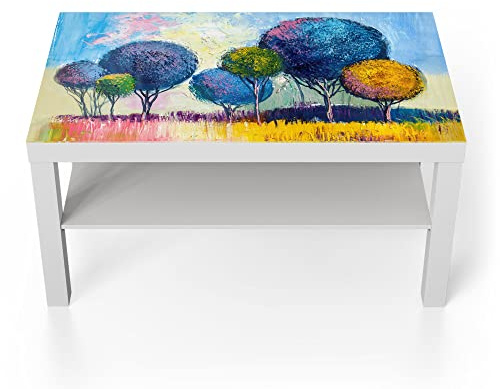 DEQORI Glastisch | weiß groß 90x50 cm | Motiv Kugelförmige Bäume | ausgefallener Beistelltisch aus Glas | Hochglanz Couchtisch fürs Wohnzimmer | moderner Couch Tisch mit Design