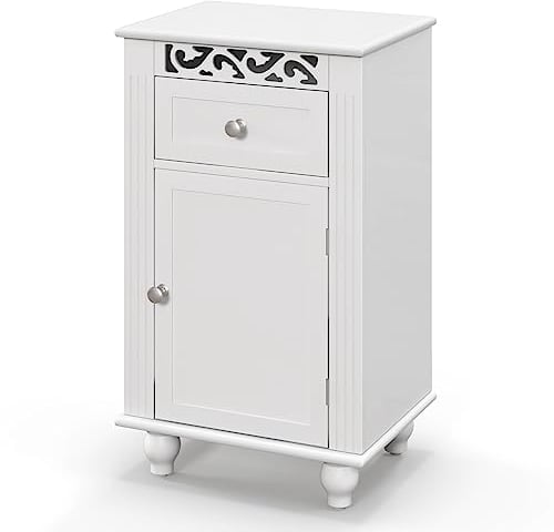 COSTWAY Bathroom Floor Cabinet, Freestanding Wooden Storage Cupboard with Drawers, Bathroom Storage Unit Slim Side Cabinet Organizer for Living Room and Hallway (1 Drawer+1 Door, White)