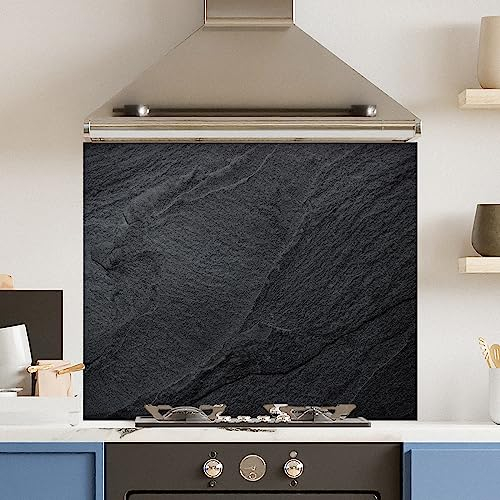 Premium 90 cm x 75 cm Black Concrete Glass 6mm Kitchen Splashback Heat Resistant Toughened Polished Edges - Back Splash Back Coloured Hob Painted Tempered Splashback