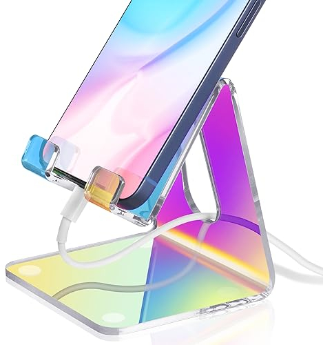 Tomorotec Iridescent Acrylic Cell Phone Stand, Portable Phone Holder for Desk Non-Slip Desktop Smartphones Holder Compatible with iPhone Samsung Galaxy Pixel Phone Cradle Dock Home Office