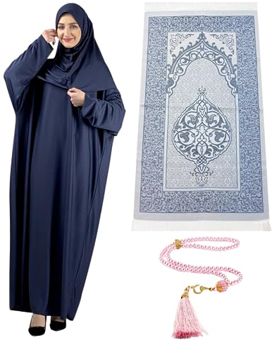 Prien Frauen Gebetskleidung Mit Hijab Gebetsperlen Gebetsteppich, Damen Muslim Kleidung, Islam Abaya Set, Ferace Tesettür Giyim, Islamische Langarm Kleid, Kopftuch, Gebetskleid Für Ramadan (Sattblau)