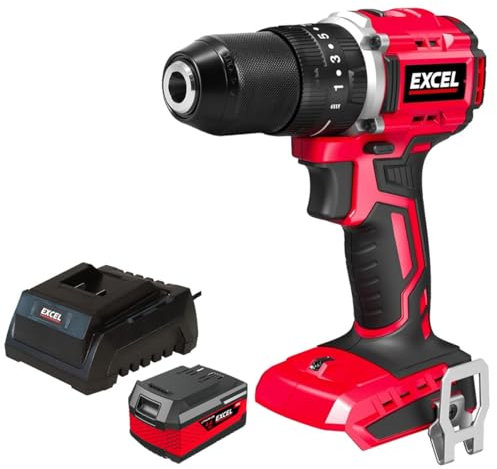 Excel 18V Cordless Brushless Combi Drill with 1 x 4.0Ah Battery & Charger - Variable Speed, Keyless Chuck, 2-Speed Setting, Brushless Motor, Power Tools Combo Kits