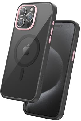 FLOLAB Surtect Tri-Fusion magnetische Schutzhülle für iPhone 15 Pro, schlankes Design, Magsafe-kompatibel, militärischer Rahmen, schwarze Rückplatte, rosa Champagner