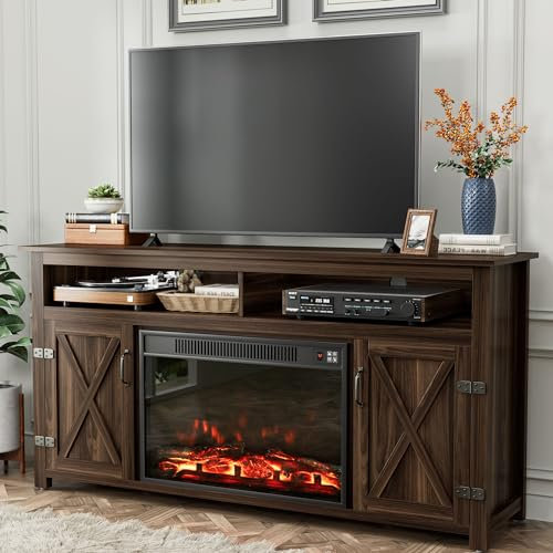 YESHOMY Meuble TV cheminée pour télévision jusqu'à 165 cm + avec rangement et portes de grange de ferme, centre de divertissement avec armoire et étagères, console multimédia pour salon, noyer