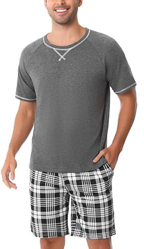 Litherday Pyjama Homme Ete Coton Vêtements de Nuit d'été Short à Manches Courtes Col Rond Bas de Pyjama à Carreaux